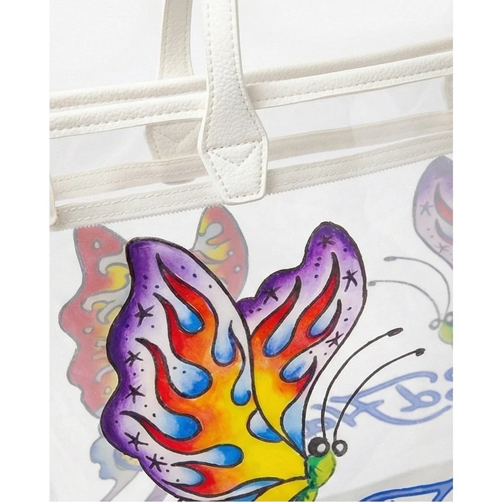 Ed Hardy Clear PVC Butterfly Beach Tote Bag & Zip Pouch Purple White 14x13x6 NWT
